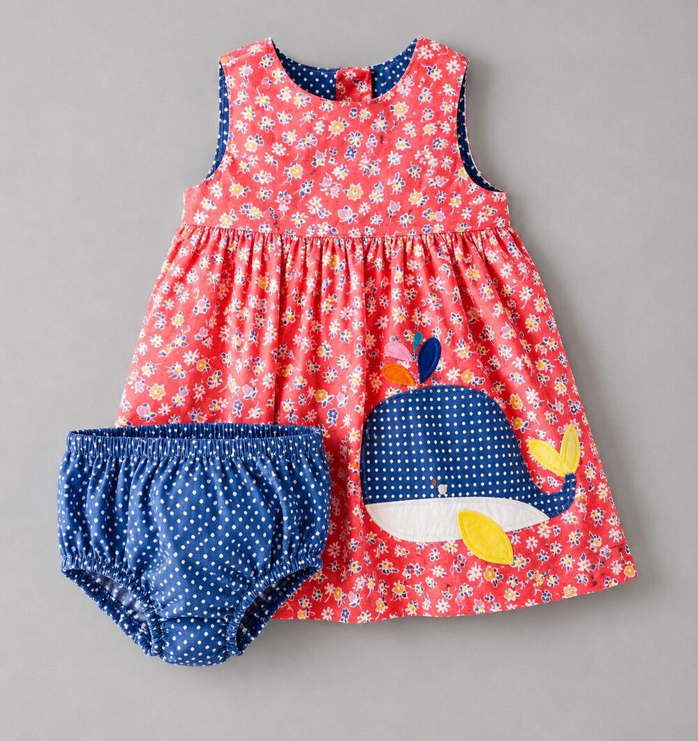 Baby Boden Whale Appliqué Floral Pinnie Dress & Bloomers Set | 6–12 Months